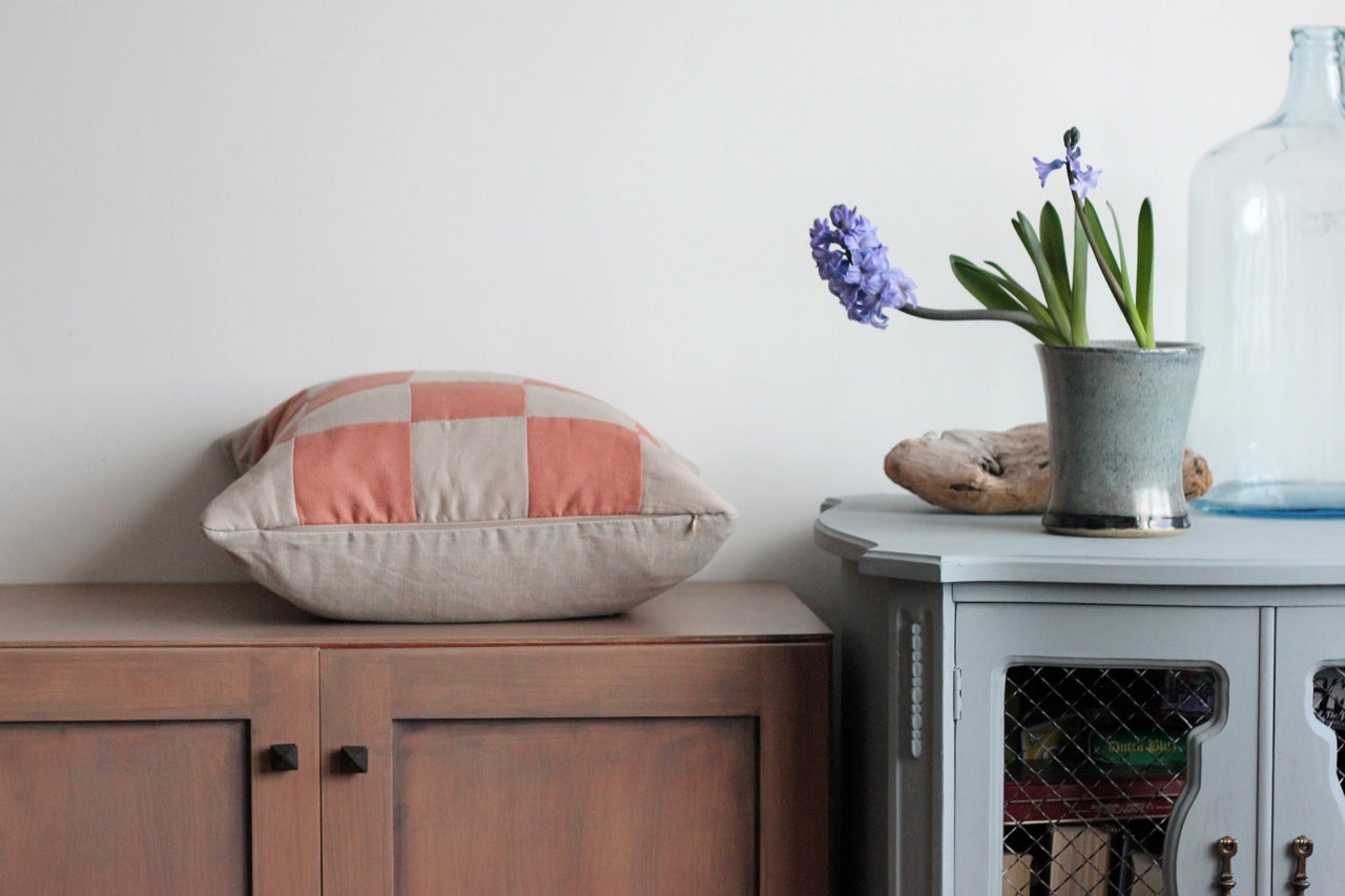 Checkered Quilted Linen Pillow Cover