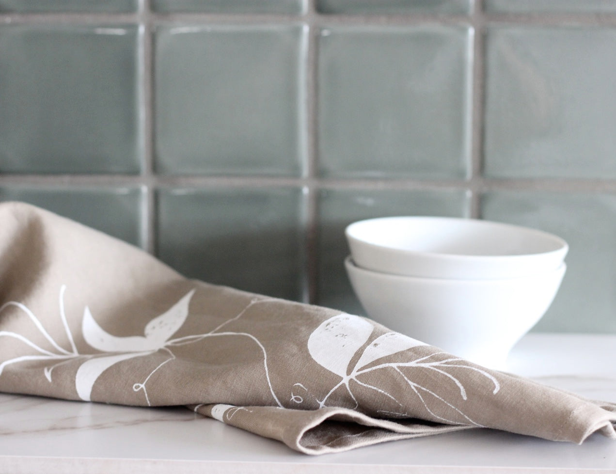 Sand & White Linen Tea Towel