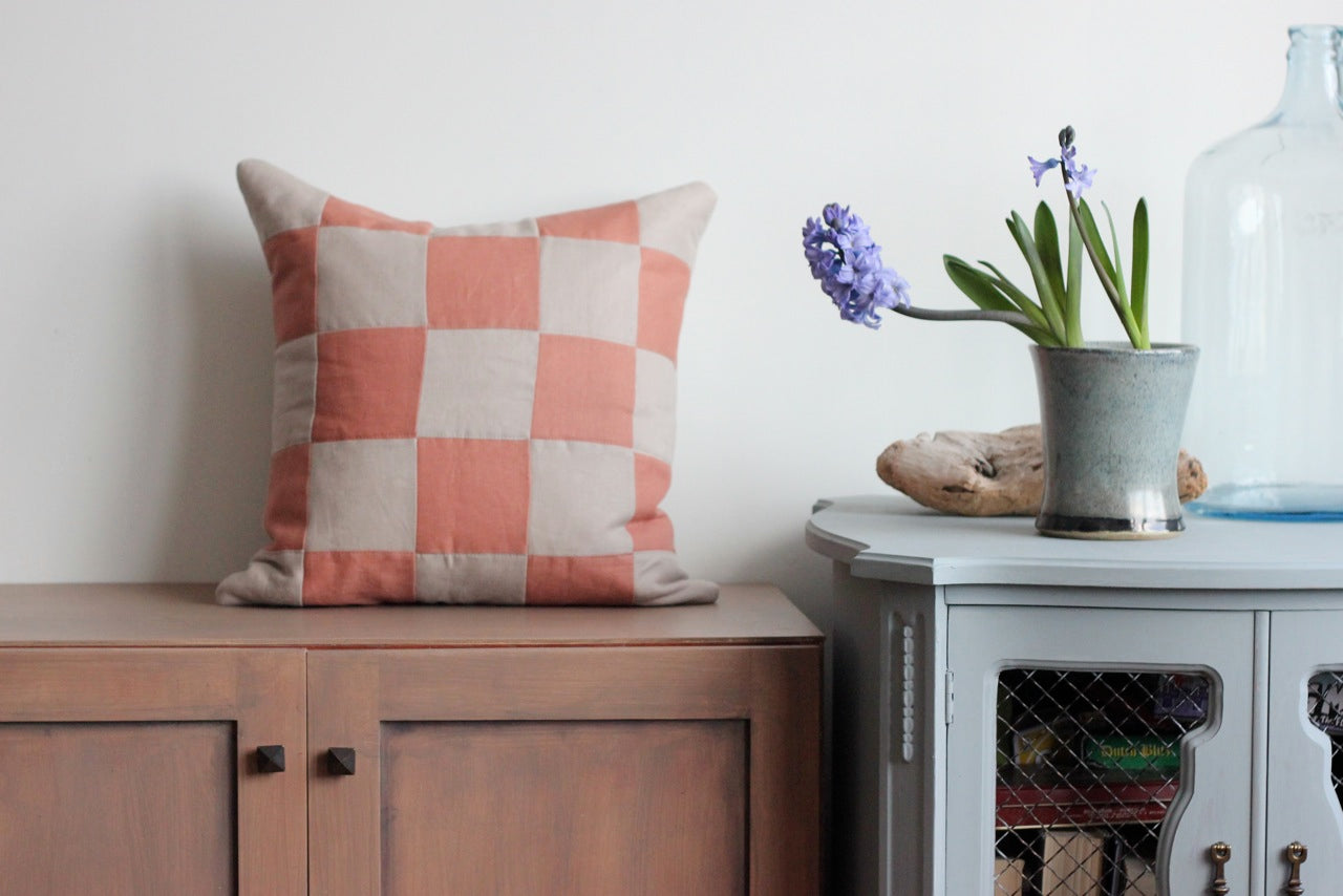 Checkered Quilted Linen Pillow Cover