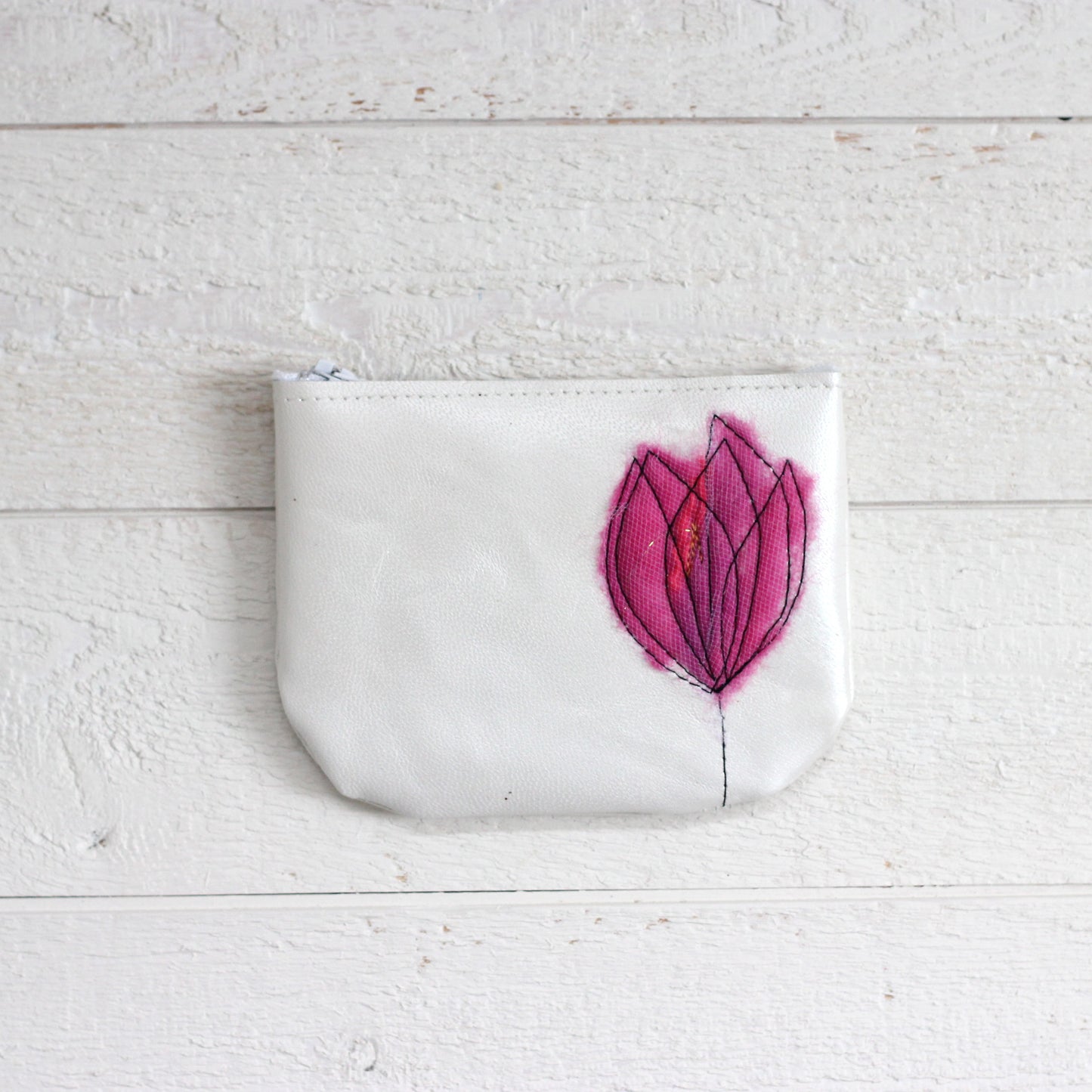 Leather Coin Purse - Pearl White & Hot Pink