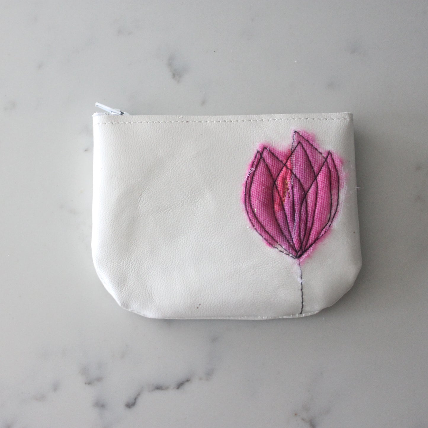 Leather Coin Purse - Pearl White & Hot Pink