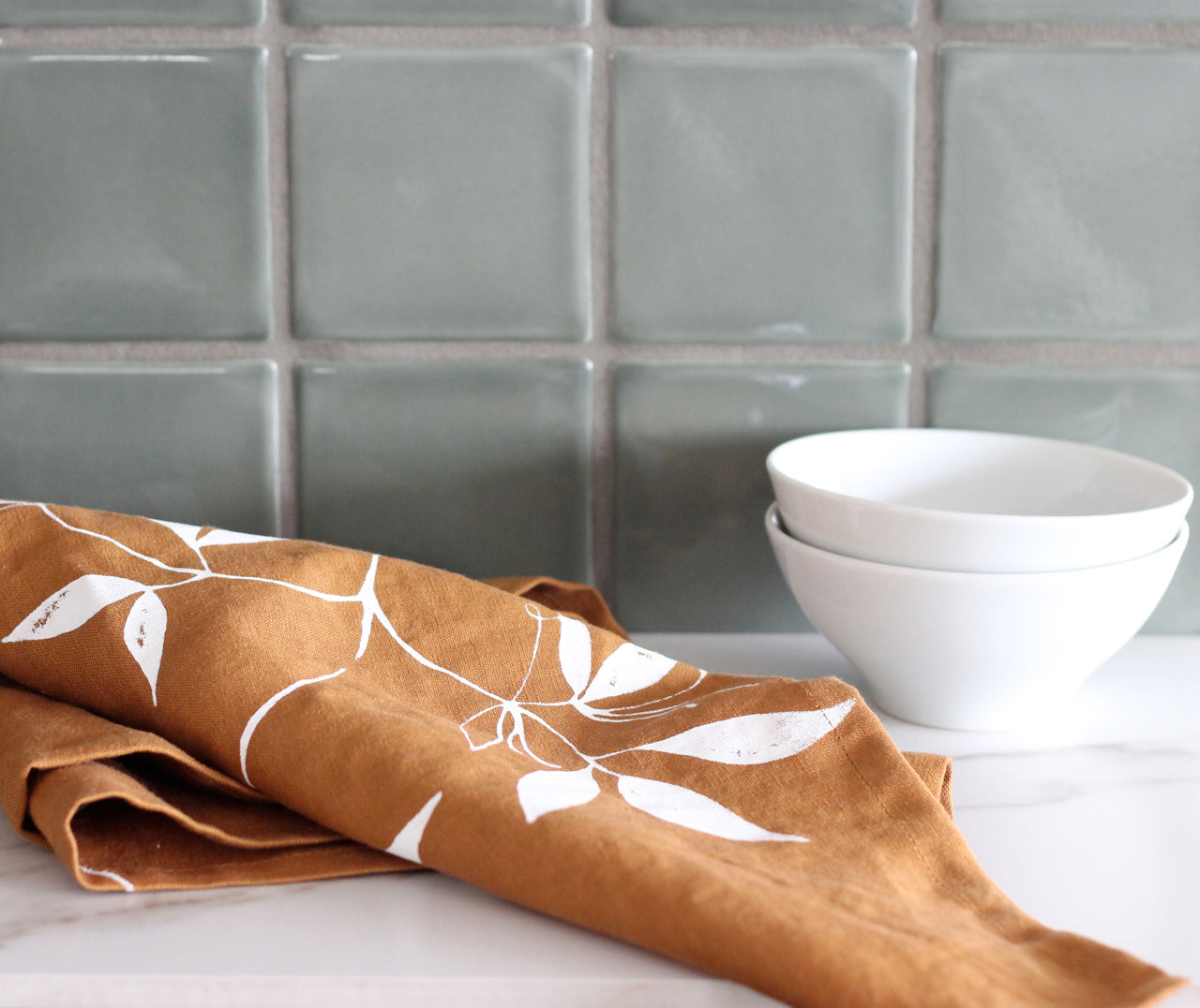 Raw Sienna & White Linen Tea Towel